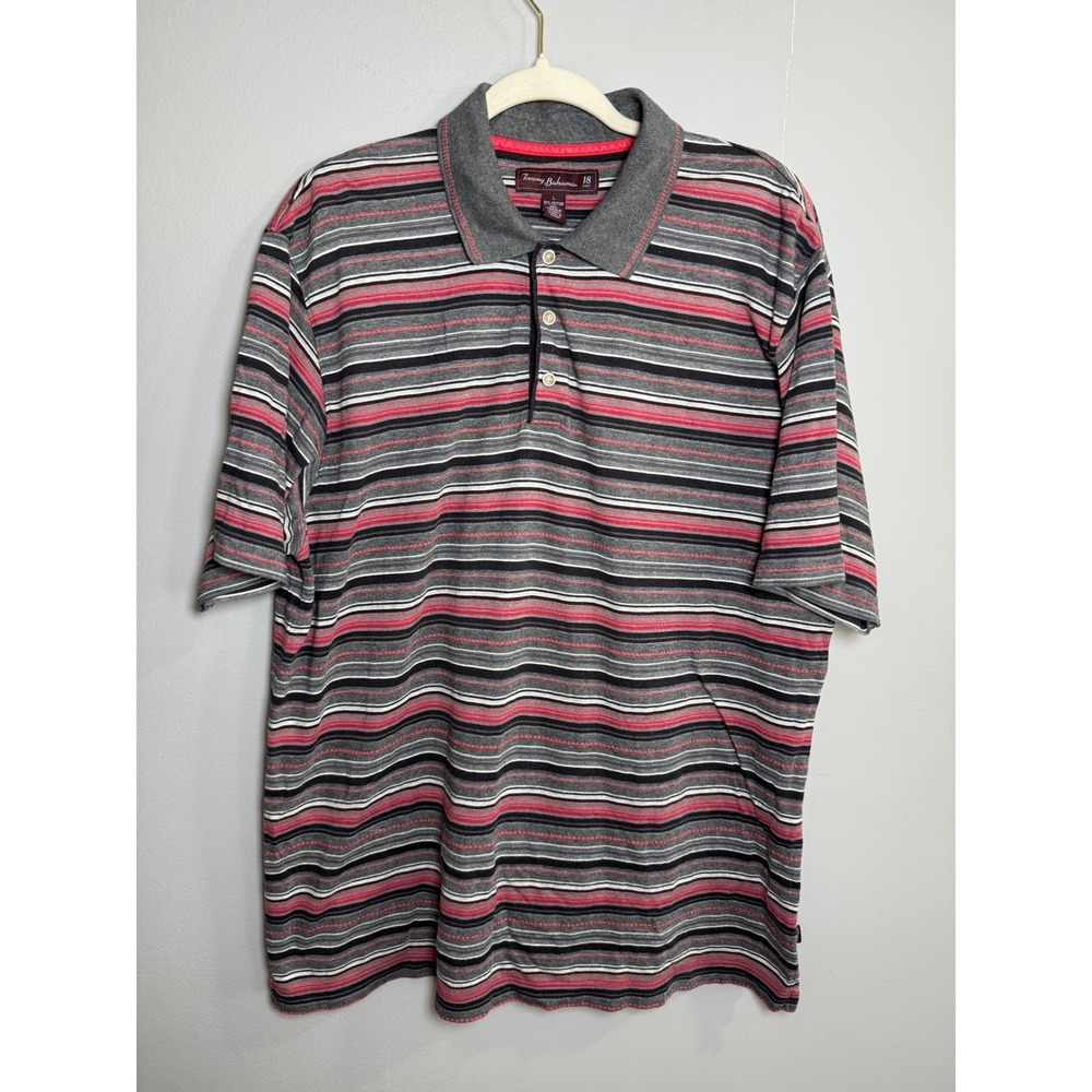 Tommy Bahama 18 Golf Mens Large Striped Polo Shirt Short Sleeve Cotton Gray Red